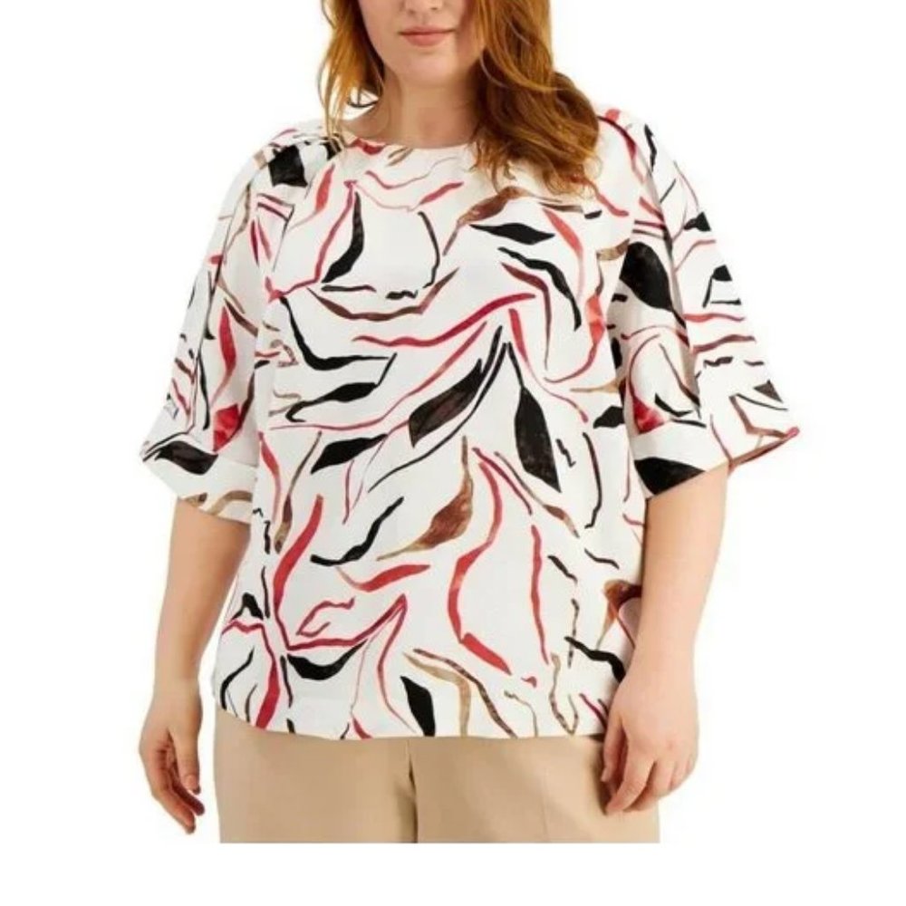 Alfani | Multi-Color Printed Scoop-Neck Linen-Blend Top Blouse